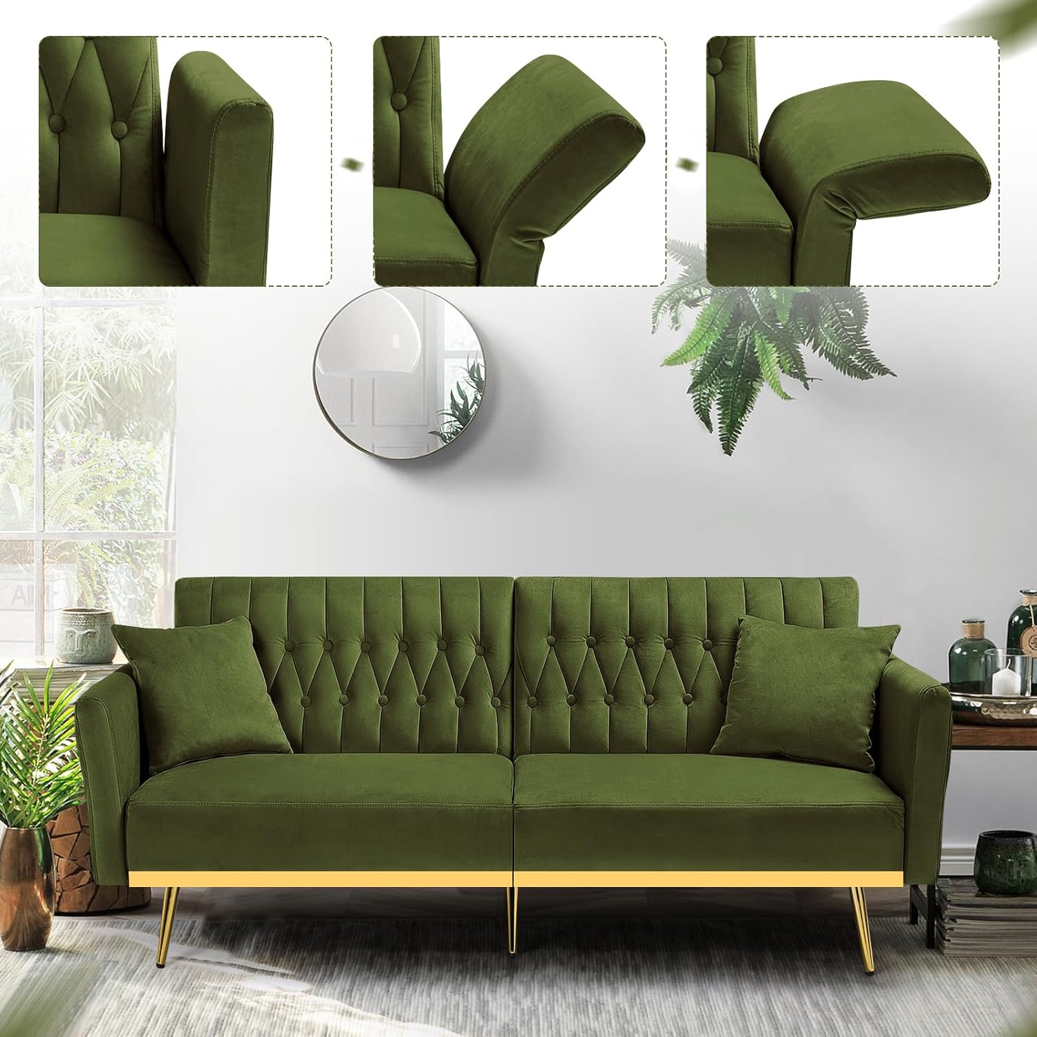 70' Velvet Futon Sofa Bed w/Adjustable Armrests & 2 Pillows, Convertible Futon Couch w/Adjustable Backrests, Modern Sleeper Bed for Living Room, Bedroom, Olive Green