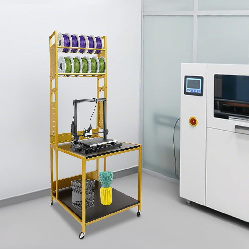 3D Printer Stand with Filament Storage, Heavy Duty 2-Tier Mobile Printer Table with Wheels, 110Lbs Capacity 3D Printer Table with Filament Spool Holder Rack for Workshop Studio Office Home (Gold)