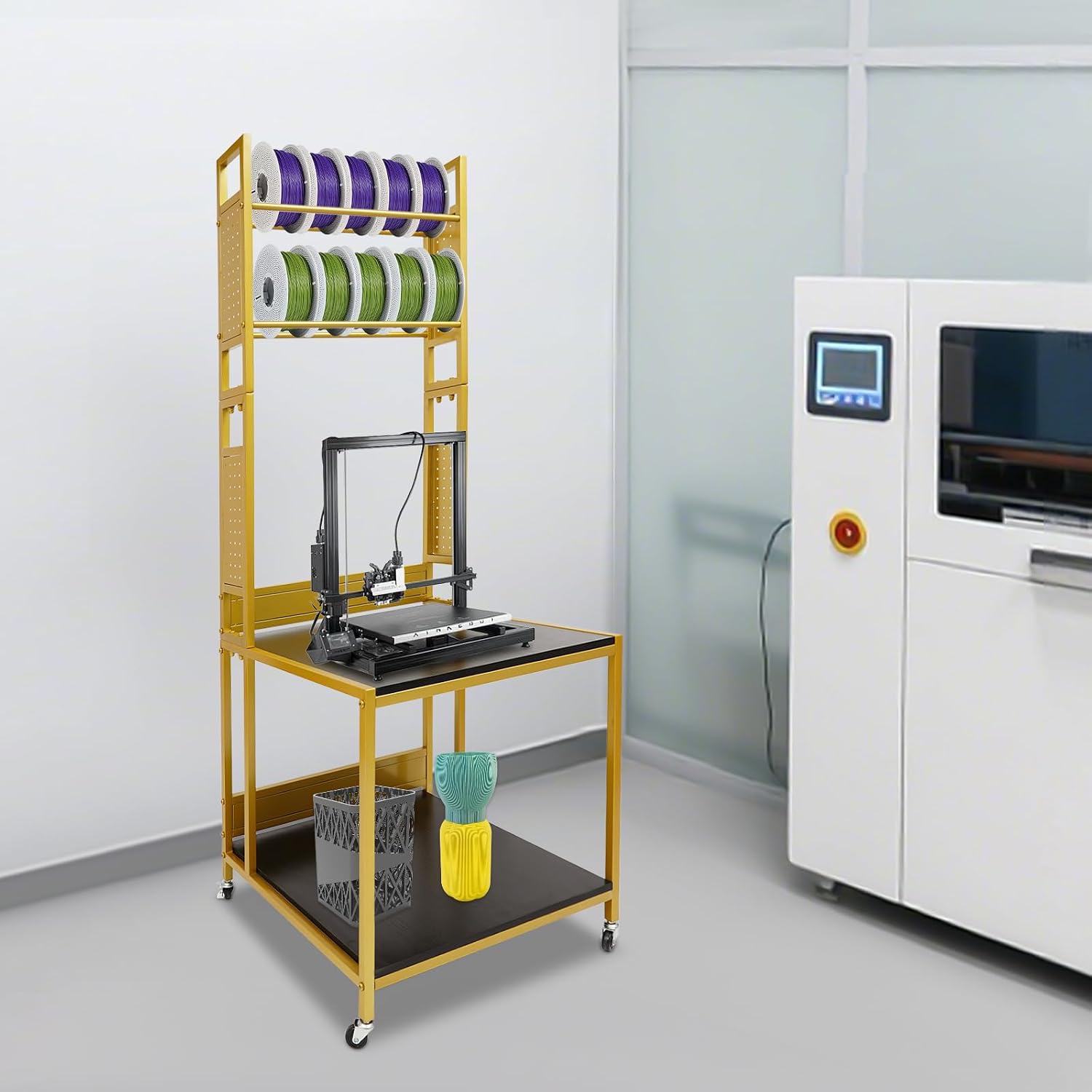 3D Printer Stand with Filament Storage, Heavy Duty 2-Tier Mobile Printer Table with Wheels, 110Lbs Capacity 3D Printer Table with Filament Spool Holder Rack for Workshop Studio Office Home (Gold)