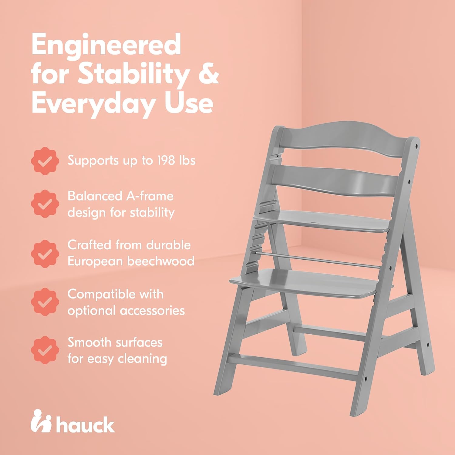 hauck Alpha+ Grow Along Seat Solid Beechwood Booster Chair with Adjustable Seat, 5 Point Safety Harness, & Bumper Bar for Infants & Toddlers, Grey