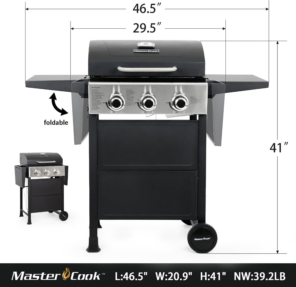 MASTER COOK 3 Burner BBQ Propane Gas Grill, 472 Sq. In. Cooking Area, 30,000 BTU Stainless Steel Barbecue Grill with Two Foldable Shelves for Outdoor Patio, Backyard