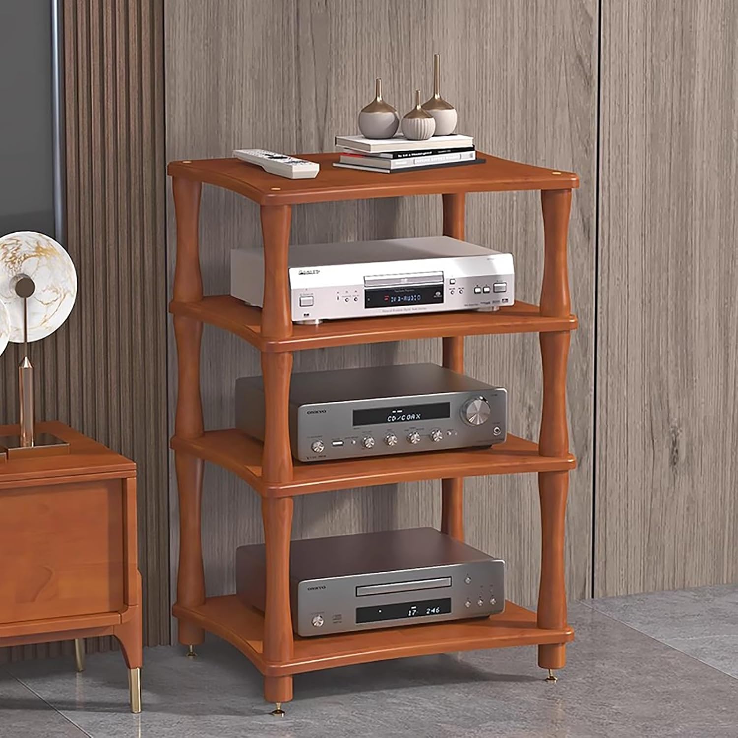 Stackable Media Shelf Storage Tower, Wood Stereo Audio Component Equipment Rack for Office Entertainment Theatre, 4 Tier Amplifier Holder with Shock Feet