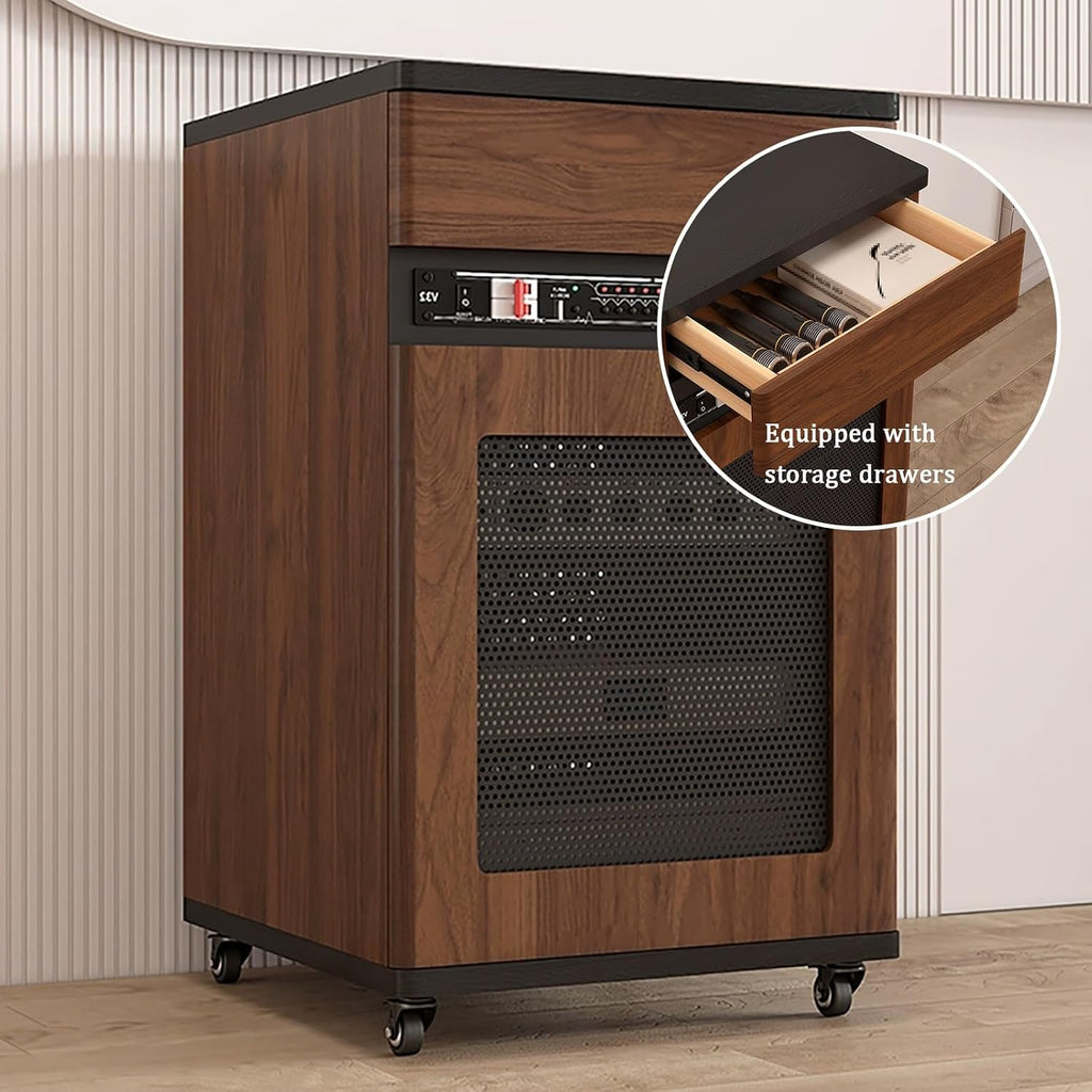 Lockable Media Storage Cabinet with Rolling Design, Adjustable AV Rack on Wheels, Cable Management, Black Stereo Console, 52x55x126cm - Ideal for Home Theater & Entertainment Systems