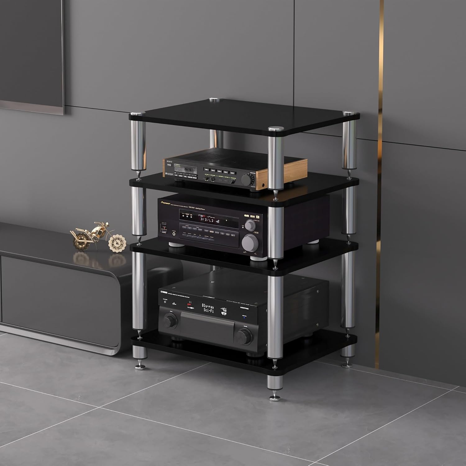 1-4 Tier Audio Rack Stand, Media Console, and Corner Entertainment Center, Corner TV Stand, and Audio Stand, for AV Equipment, Stereo Cabinet, and Gaming Shelves(Black,49x48x80cm)