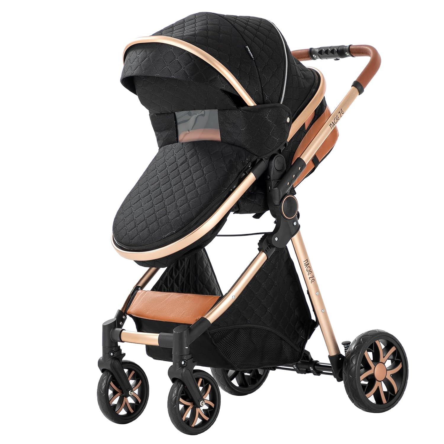 Convertible Baby Stroller:Full-Size Reversible Bassinet & Toddler Seat,Foldable Design with UPF 50+ Canopy,Bug Shield,Rain Shield,All-Weather Storage – Newborn to 36 Months(Black&Gold)