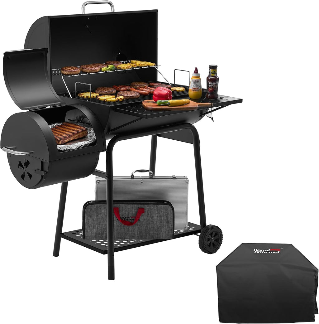 Royal Gourmet CC1830FC 28-Inch Barrel Charcoal Grill with Offset Smoker, 840 Sq. In. Cooking Area, Front Shelf, Charcoal Grill for Outdoor Grilling and Backyard Cooking, Black