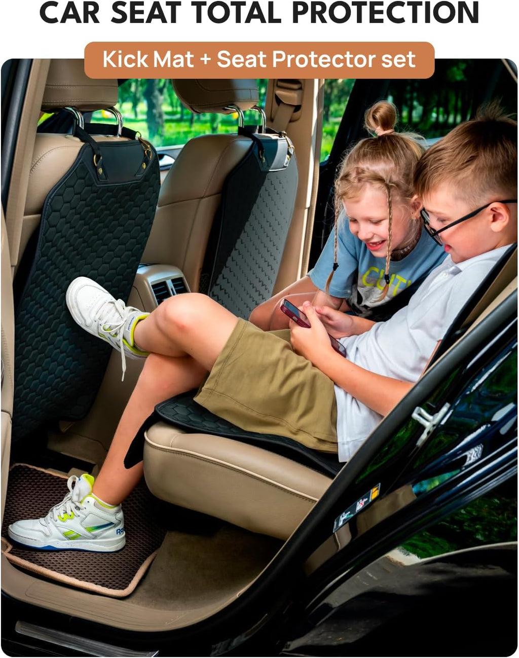 Owleys Set Seat Back Organizer & Car Seat Protector Hexy Waterproof & Non-Slip Protector for Child Car Cushion for Leather and Fabric Seats (Black Set 2)