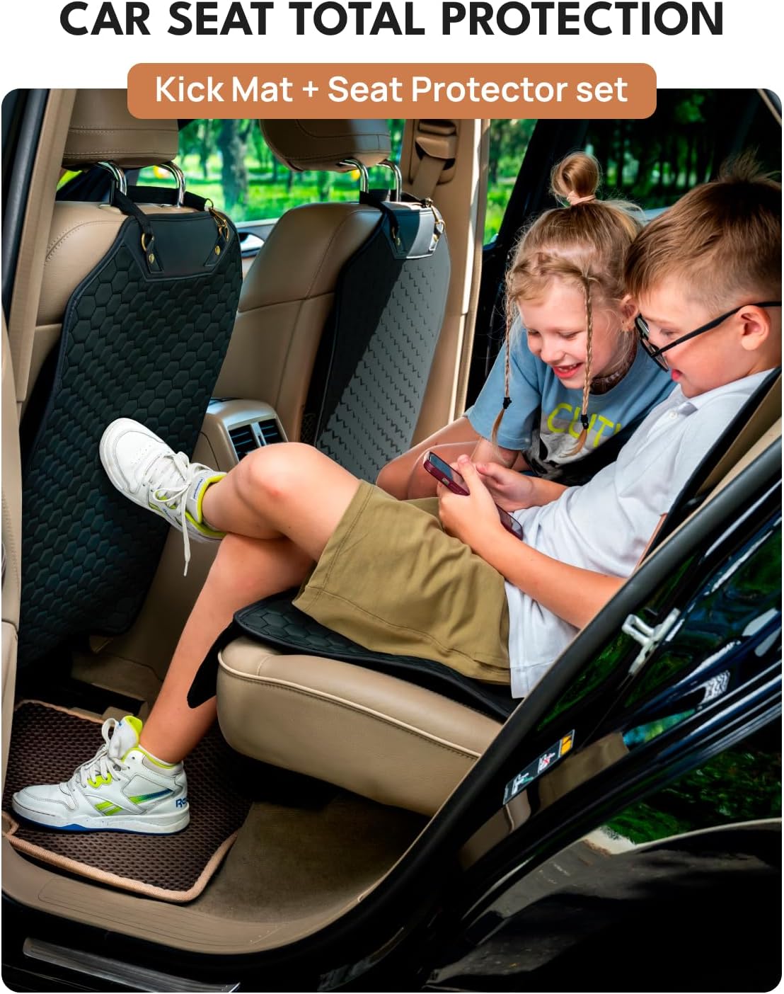 Owleys Set Seat Back Organizer & Car Seat Protector Hexy Waterproof & Non-Slip Protector for Child Car Cushion for Leather and Fabric Seats (Black Set 2)