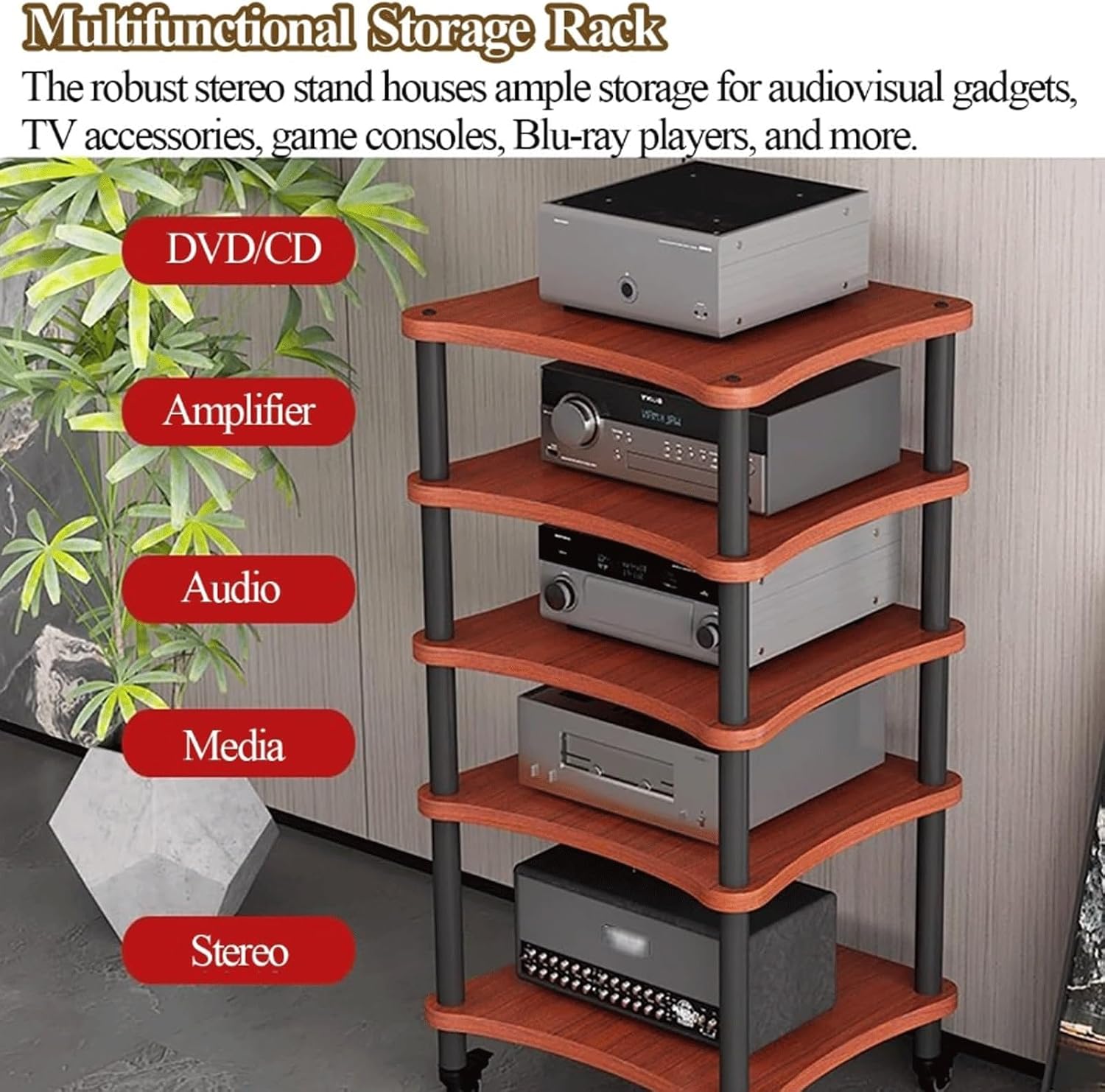 High Performance Walnut Audio Rack 4 Tier HiFi Amplifier Stand Modern AV Media Shelf Corner DVD Display Case Stylish Audio Video Furniture