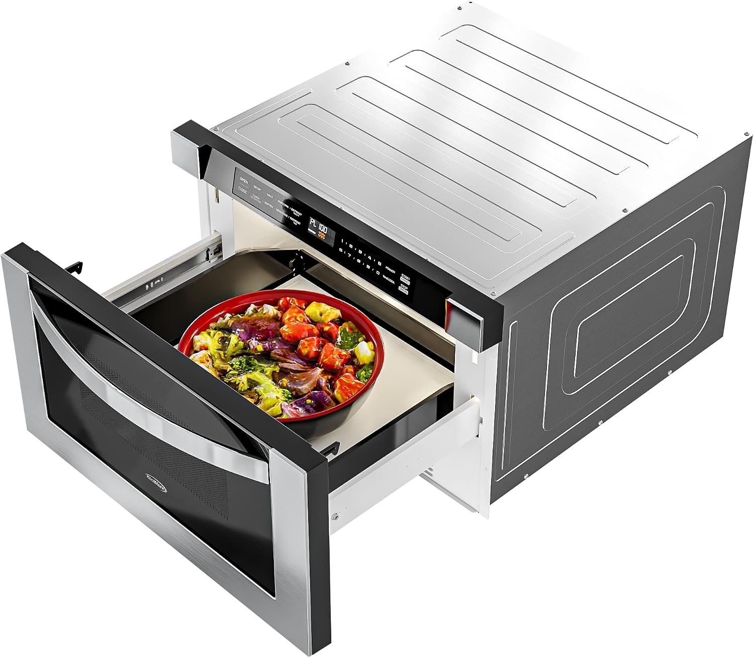 KoolMore 24 Inch Stainless-Steel Microwave Drawer with 1.2 cu. ft. Capacity, 1000W Power with 10 Custom Cooking Levels, Memory, and Timer Functions, Wall-Mounted with Flat Bottom (KM-MD-1SS)