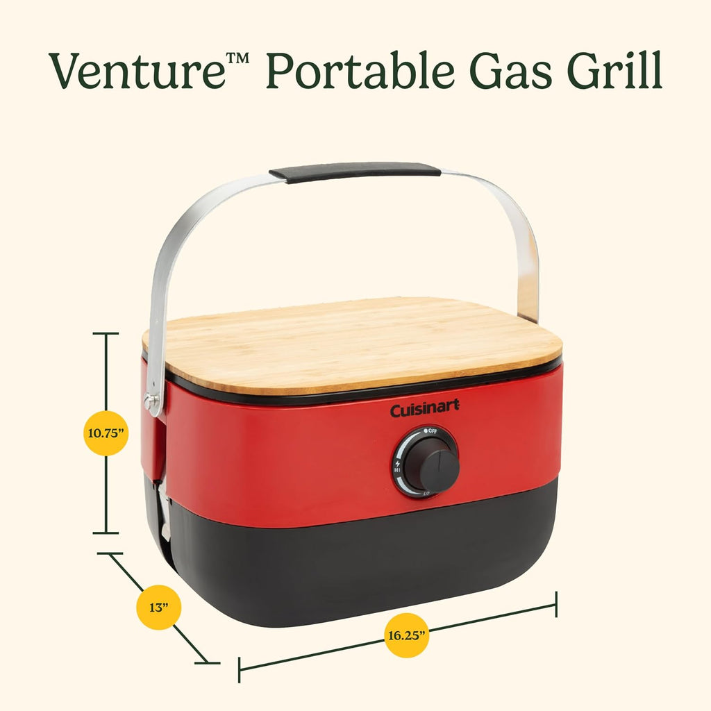 Cuisinart Venture™ Portable Gas Grill, Small Camping Grill with Cutting Board and Handle, Non Stick Porcelain Enameled Cast Iron Grate, 9,000 BTU Stainless Steel Burner for Camping, Tailgates, Beaches
