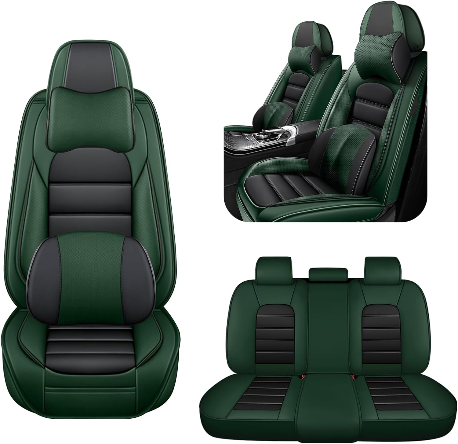 5 Car Seat Covers for Subaru Outback 2000-2026 Breathable Leather,Waterproof Car Seat Protectors with Comfort Headrest Pillows,Automotive Vehicle Cushion with Storage Pockets (Luxury,Green)