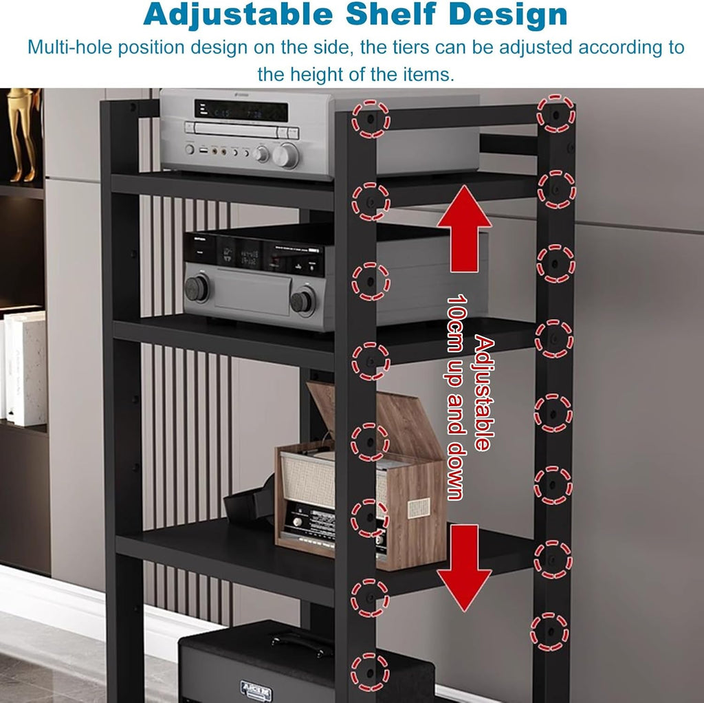 6 Tier Audio Rack Tower, Heavy-Duty AV Media Stand, Adjustable Shelves, Media Storage Cabinet for Amplifier, Record Players, Audio-Visual Equipment(Teak)