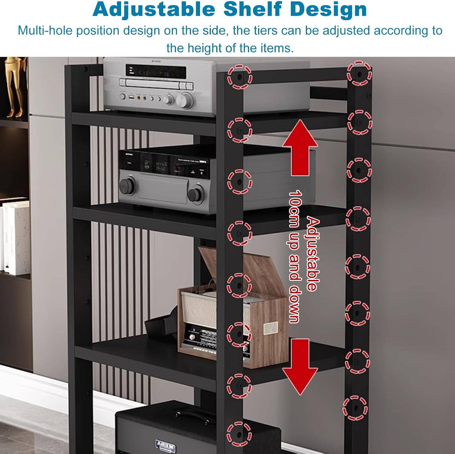 6 Tier Audio Rack Tower, Heavy-Duty AV Media Stand, Adjustable Shelves, Media Storage Cabinet for Amplifier, Record Players, Audio-Visual Equipment(Teak)