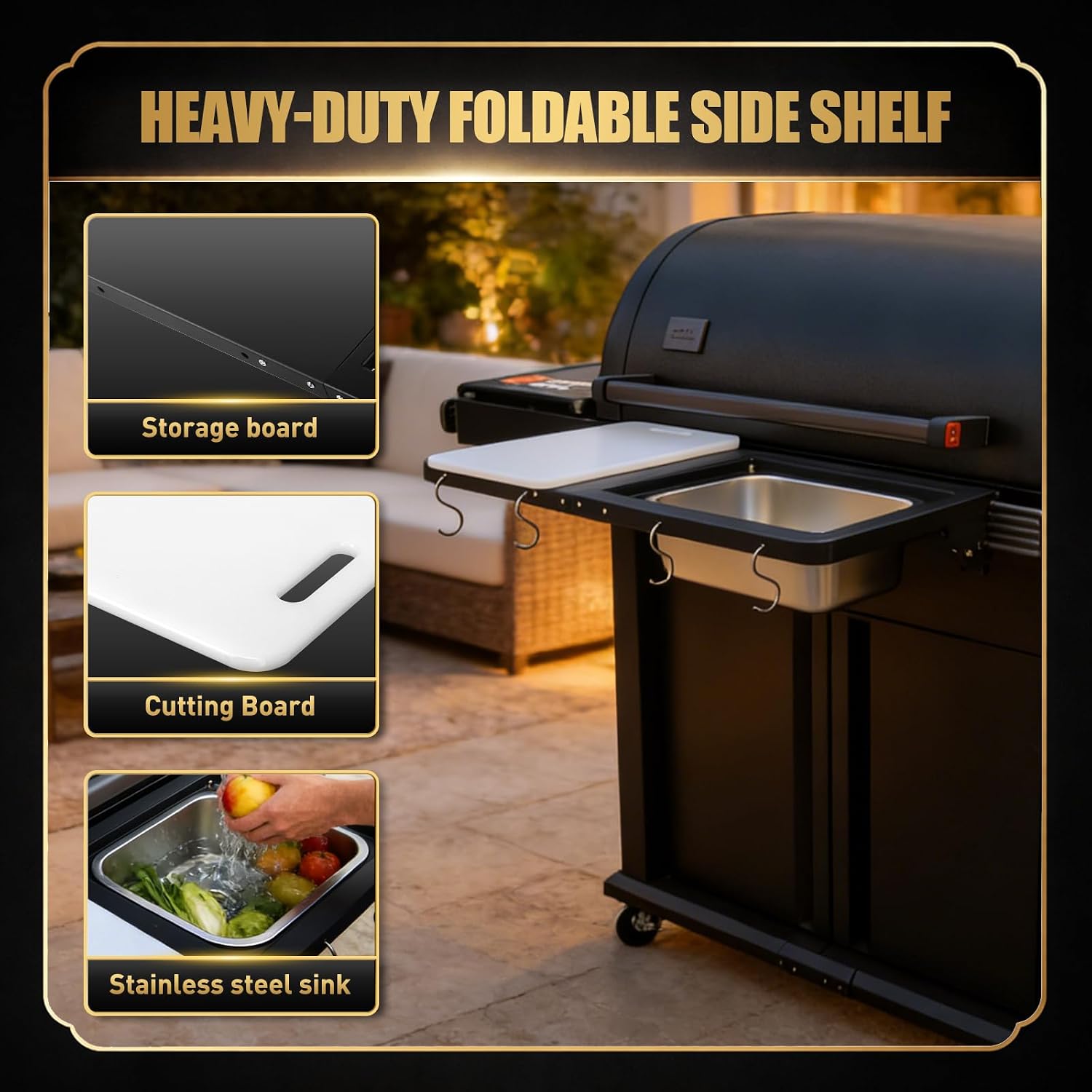 QuliMetal Foldable Front Shelf for Traeger WOODRIDGE PRO, 27.93' Grill Prep Table with Cutting Board, Stainless Steel Basin and Lid, BBQ Front Shelf Accessory