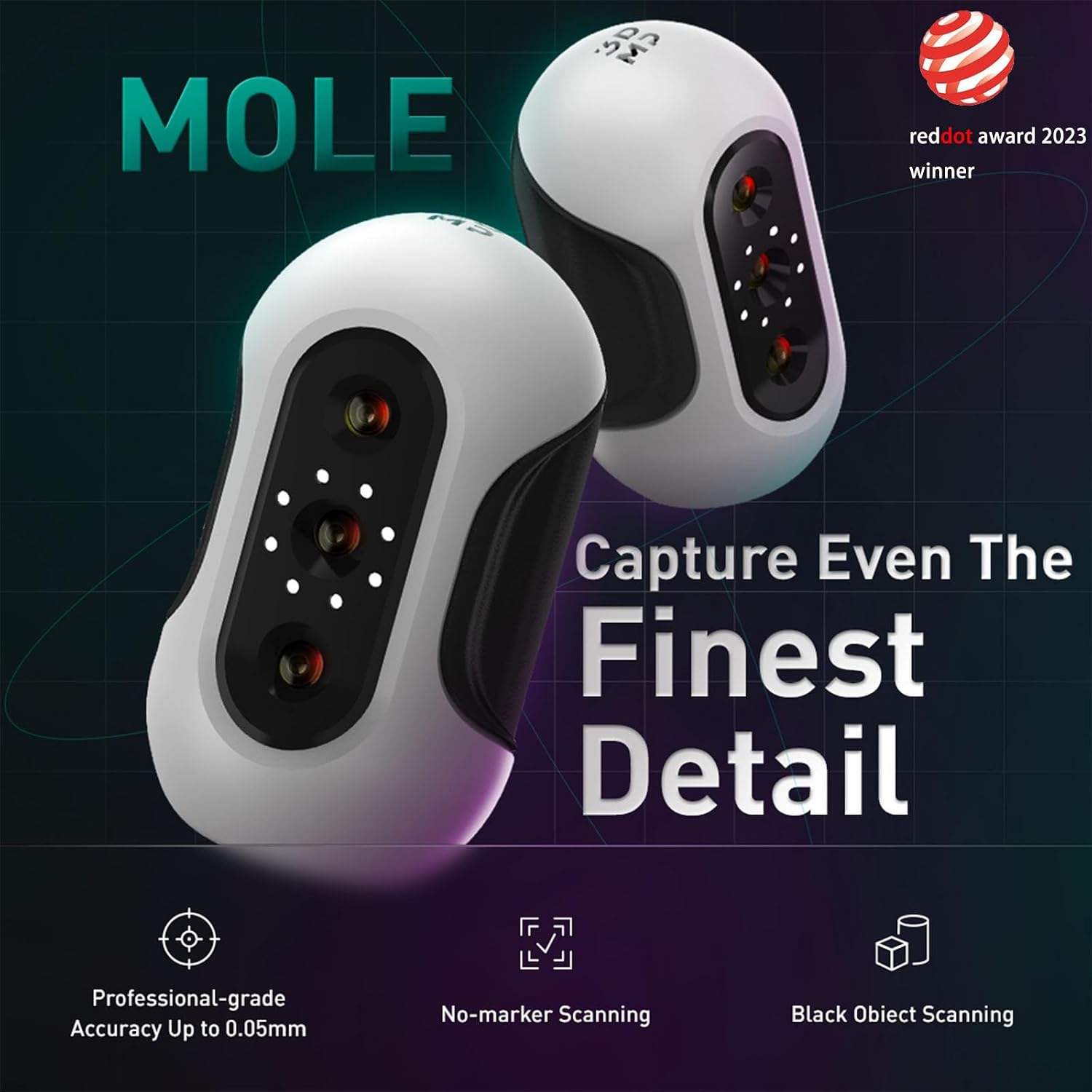 3DMakerpro Mole 3D Scanner for 3D Printing - 3D Printer Accessories 0.05mm Accuracy 0.1mm Resolution 10FPS Handheld & Turntable Scan, NIR Light & Visual Tracking Technology, Free 3D Scanning Software