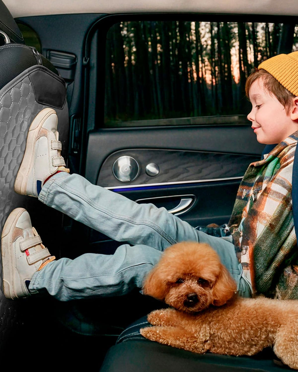Owleys Set Seat Back Organizer & Car Seat Protector Hexy Waterproof & Non-Slip Protector for Child Car Cushion for Leather and Fabric Seats (Gray Set 2)
