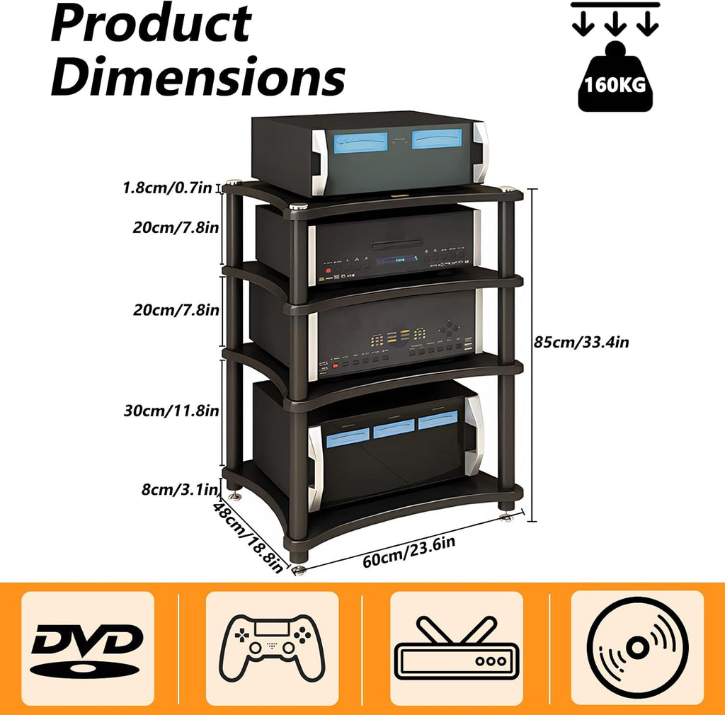 Heavy Duty Audio Component Rack, Large Storage Space AV Media Stand with Shock-Absorbing Foot pegs, Audio Rack Tower CD Player Stand for Home/Office/Audio Video/Theate (Teak, 4th)