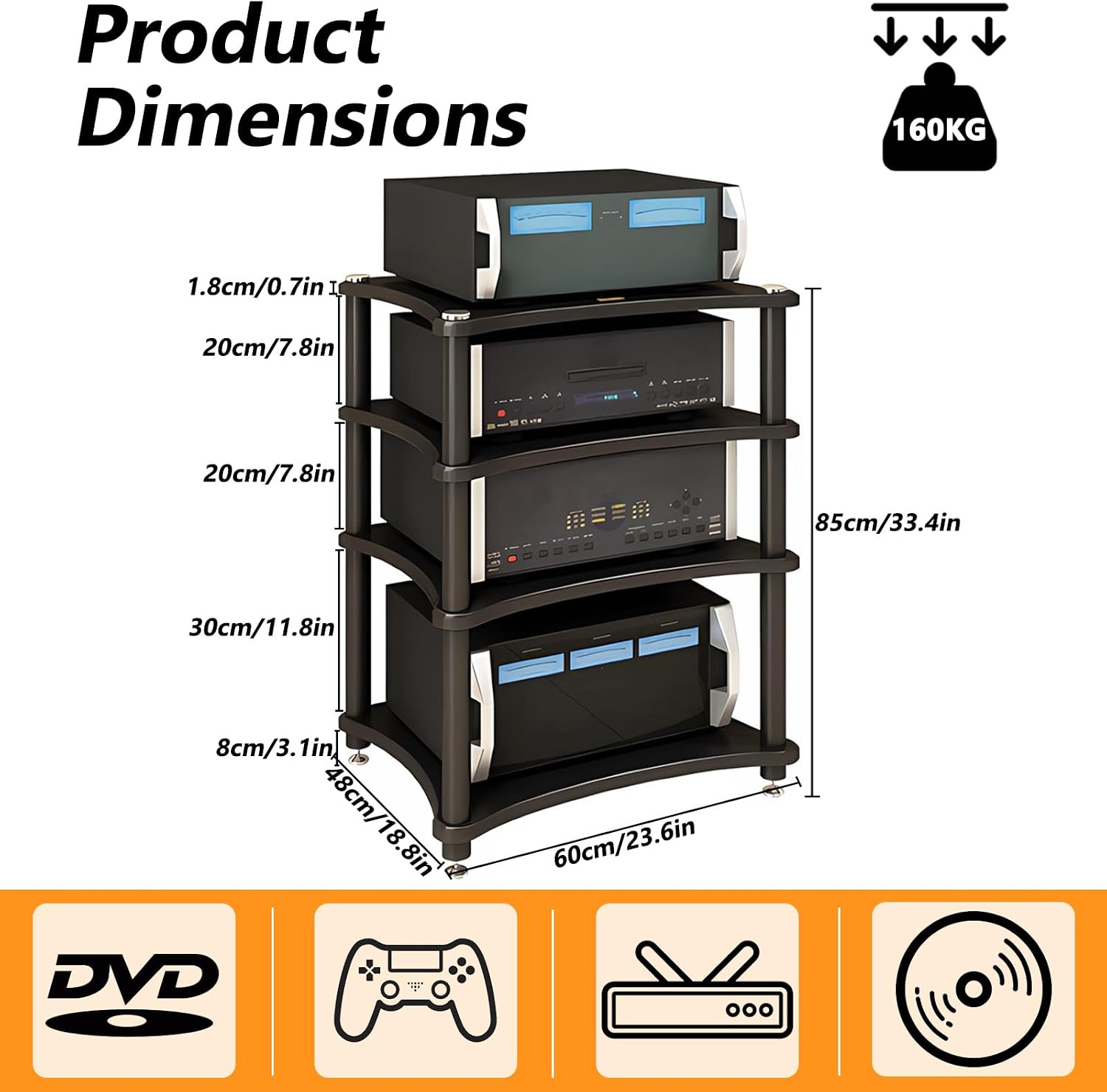 Heavy Duty Audio Component Rack, Large Storage Space AV Media Stand with Shock-Absorbing Foot pegs, Audio Rack Tower CD Player Stand for Home/Office/Audio Video/Theate (Teak, 4th)