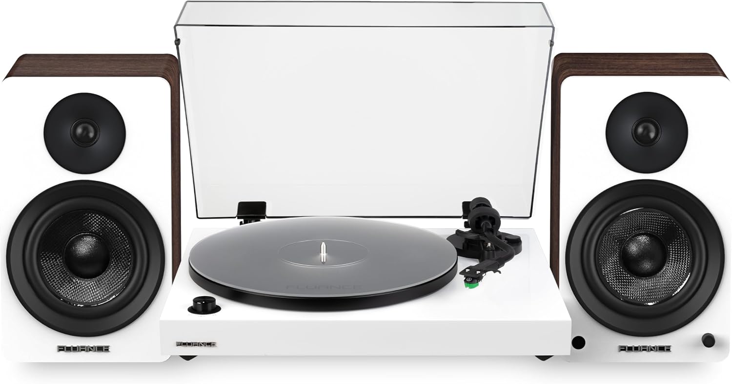 Fluance RT81+ Elite Vinyl Turntable (White) and Ai61 6.5' Stereo Bookshelf Speakers (White Walnut) Bundle: High Fidelity Sound, Detailed Audio Reproduction, Seamless Integration