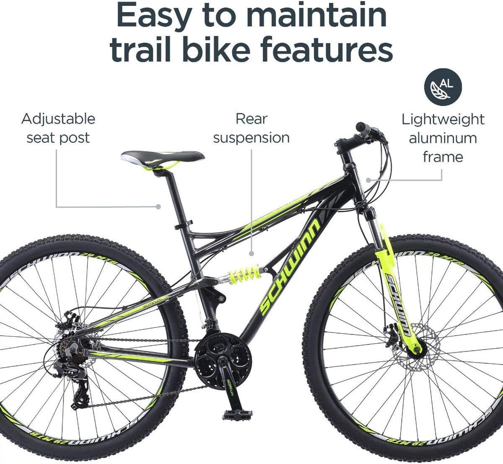 Schwinn Traxion Mountain Bike for Adult Men Women, 29-Inch Wheels, Full Suspension, 24-Speed Shimano Drivetrain, Trigger Shifter, 18-Inch Aluminum Frame, Mechanical Disc Brake, Matte Grey/Neon Green