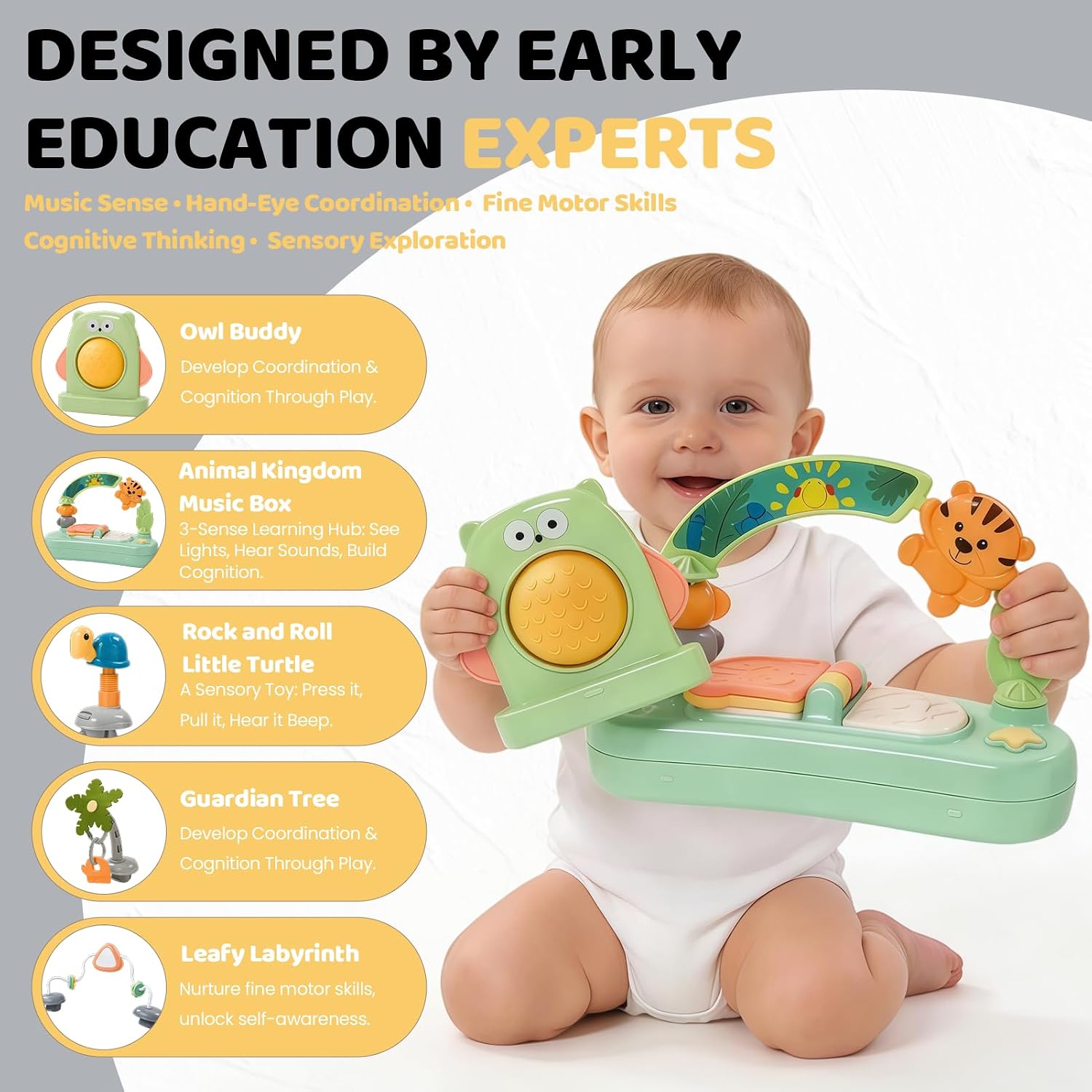 Time Followers® 6-in-1 Baby Activity Center | 4 Stage Montessori-Inspired Toys | Grow Stationary Standing Toddler Table | Jumpers & Bouncers | Must Have for Boy & Girl 6, 12, 24+ Month Old (Grey)