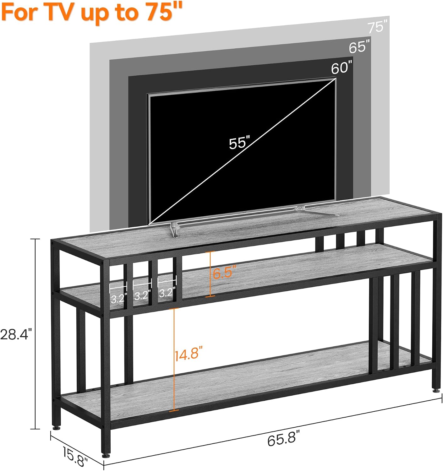 GarveeHome 65 in TV Stand for TV up to 75 in, Entertainment Center with Open Storage Shelves, TV Media Console Table with Quadruple-Tube Support for Living Room, Bedroom - 65 in Grey