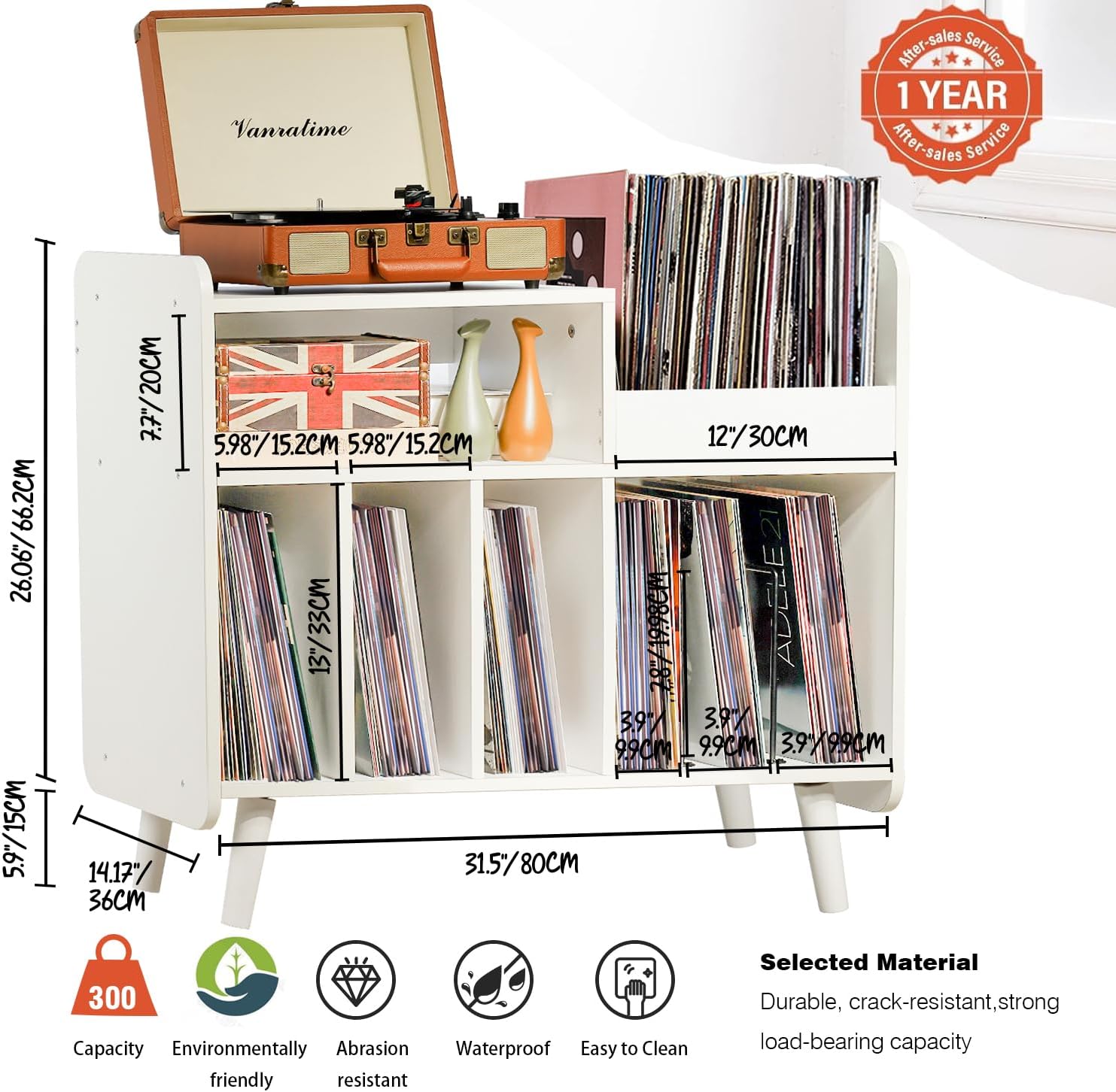 Record Player Stand, Large Record Player Table Cabinet with Open Vinyl Storage and Display Shelf Holds up to 350 Albums, Mid Century Wood Turntable for Living Room, Bedroom (White)