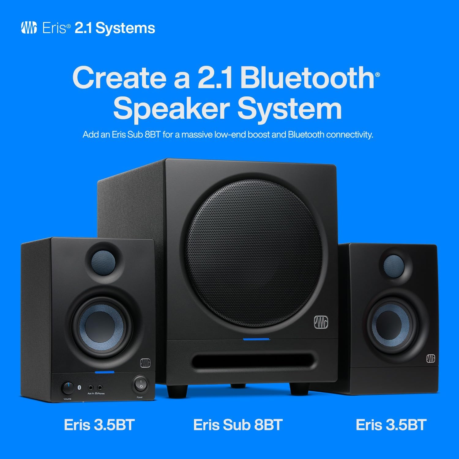 PreSonus Eris 3.5BT Studio Monitors, Pair — 3.5' Inch Powered Speakers, Bookshelf Speakers, Stereo, Desktop Computer, Near Field Music Production, Audio Mixing Recording
