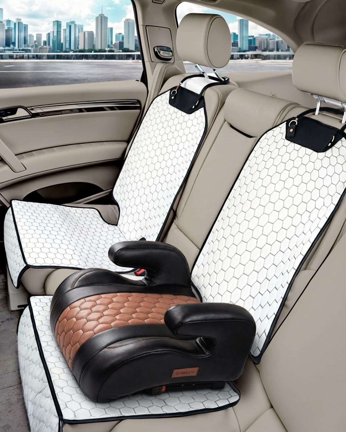 Owleys Set Seat Back Organizer & Car Seat Protector Hexy Waterproof & Non-Slip Protector for Child Car Cushion for Leather and Fabric Seats (White 2 pcs)