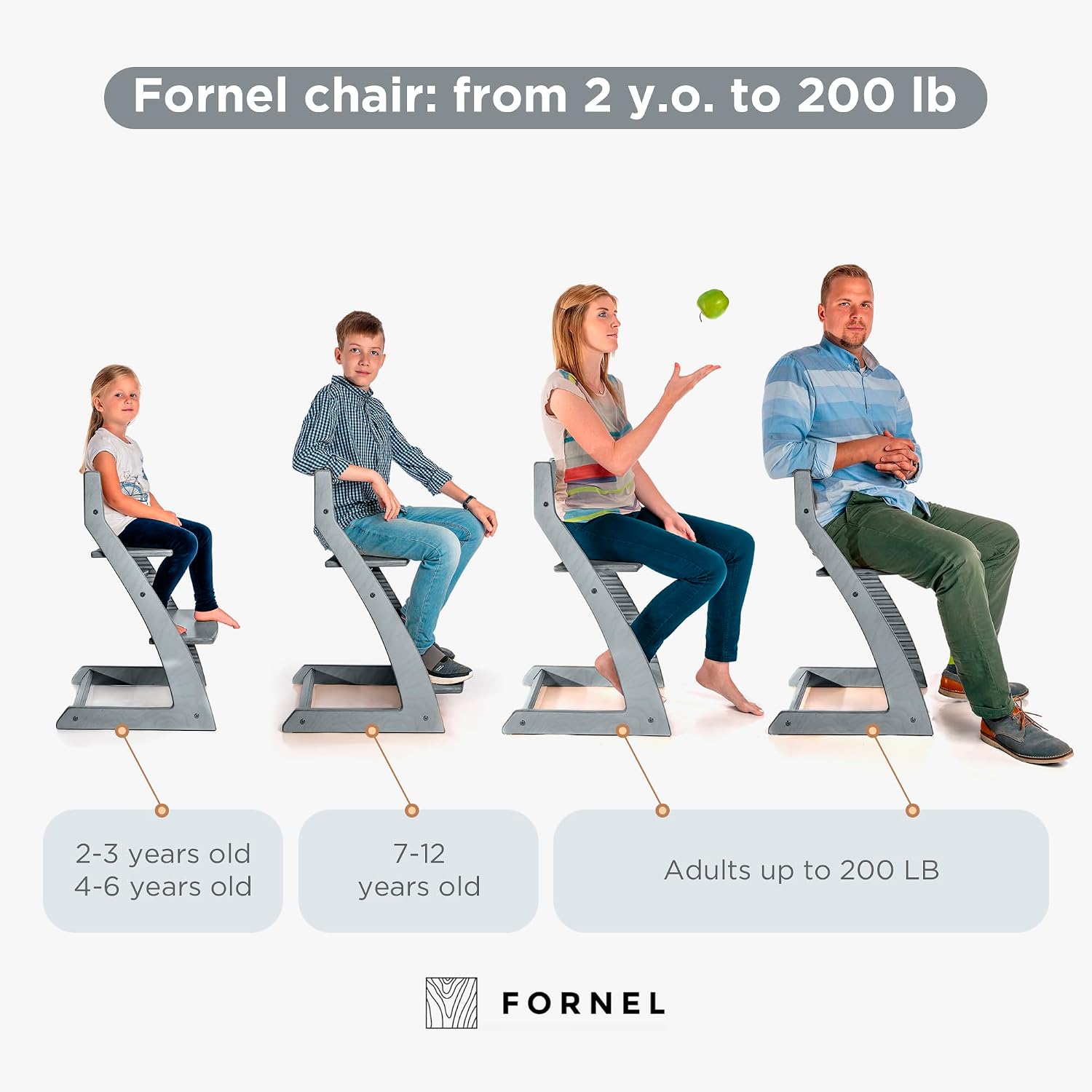 FORNEL Grey Wooden High Chair for Toddlers | The Grow-with-Me Adjustable Chair for Modern Farmhouse & Scandinavian Kitchens | Premium European Style Convertible Seat