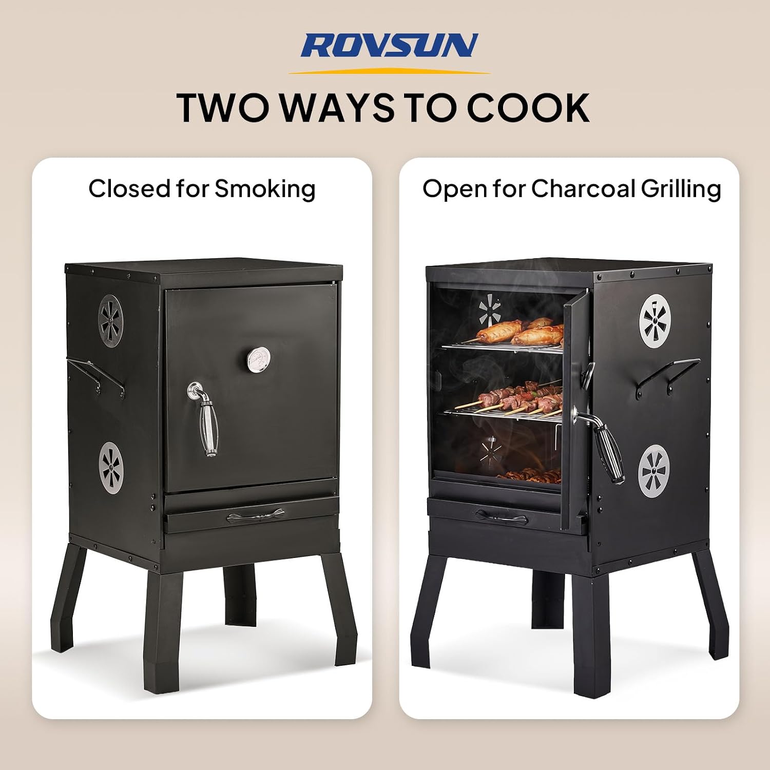 ROVSUN 2-in-1 Outdoor Smoker with Door, Vertical Portable Charcoal Grill with Two Detachable Grill Smoking Racks and Charcoal Pan, Perfect for Camping Barbecue, Small Families, Black