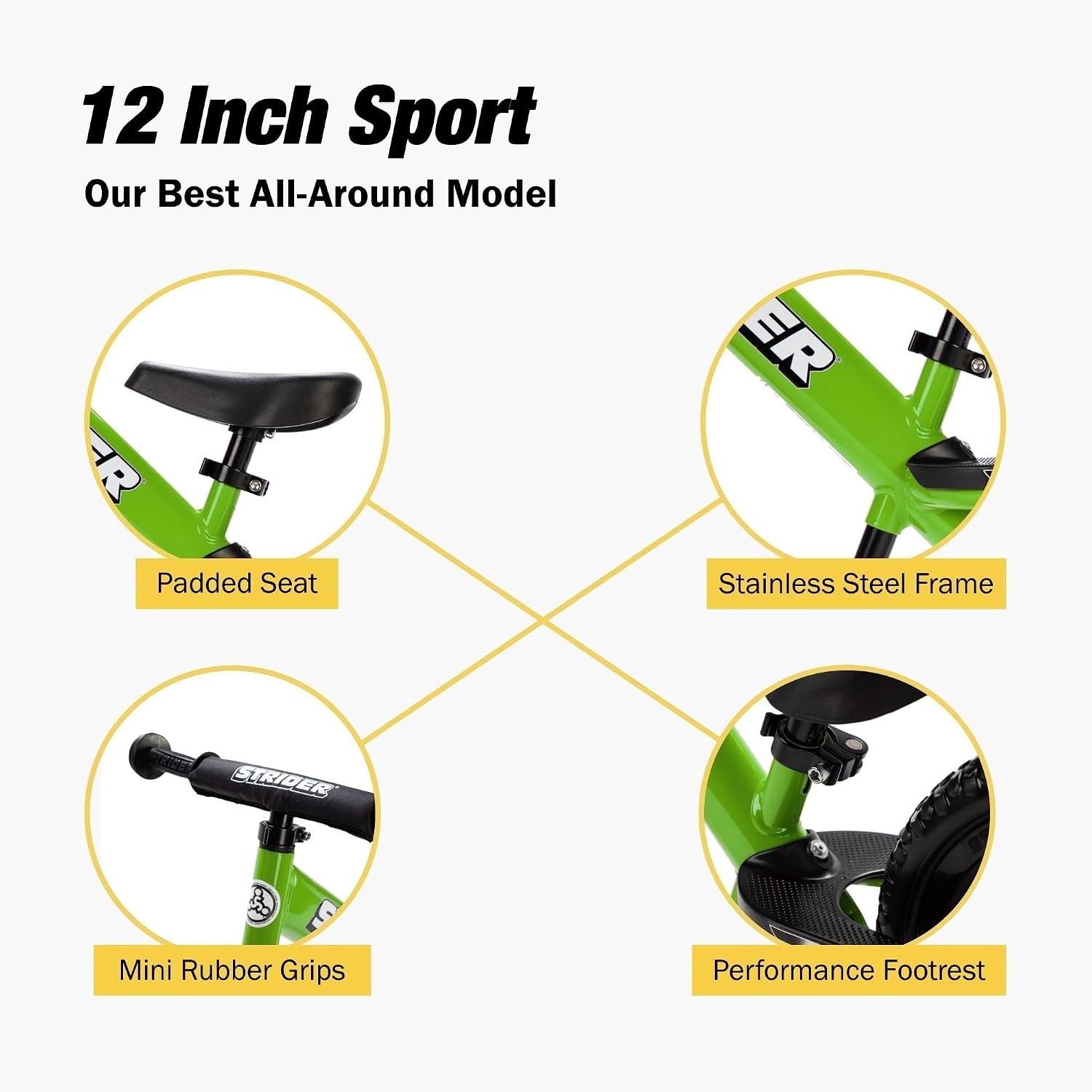 Strider 12' Sport Bike - No Pedal Balance Bicycle for Kids 1 to 4 Years - Includes Safety Pad, Padded Seat, Mini Grips & Flat-Free Tires - Tool-Free Assembly & Adjustments