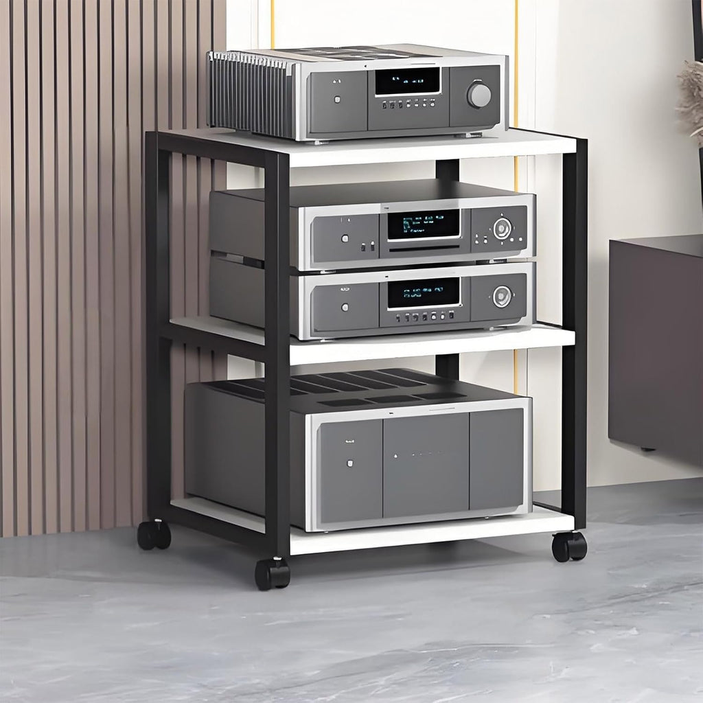 360° Rotating Audio Video Stand - Modern Stereo Media Rack Cabinet, Movable Storage Tower for Home Entertainment, Stylish White Design (50x40x)