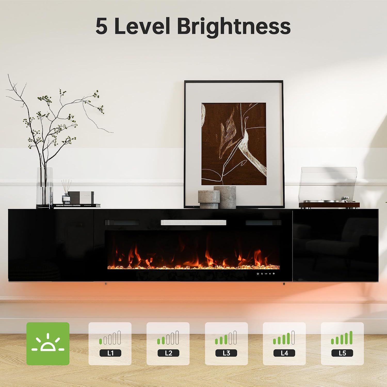 Real Relax 80' Floating TV Stand with 40' Electric Fireplace, Wall Mounted Entertainment Center with Storage, Remote Control, Modern LED Lights Fireplace TV Console for TVs Up to 90', All Black