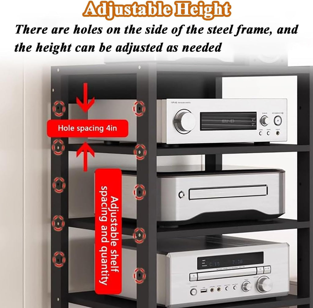 7-Tier HiFi Stand, Movable AV Media Cabinet, Modern Teak Audio Equipment Organizer for Home & Office Storage, Sturdy Component Shelf 55x40x131cm
