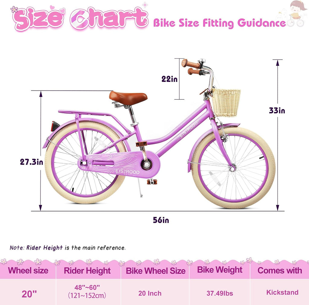 20 Inch Girls Bike, Single Speed Kids' Bicycles with Basket and Kickstand, Kids Beach Cruiser Bike for Girls, Adjustable Seat, Multiple Colors