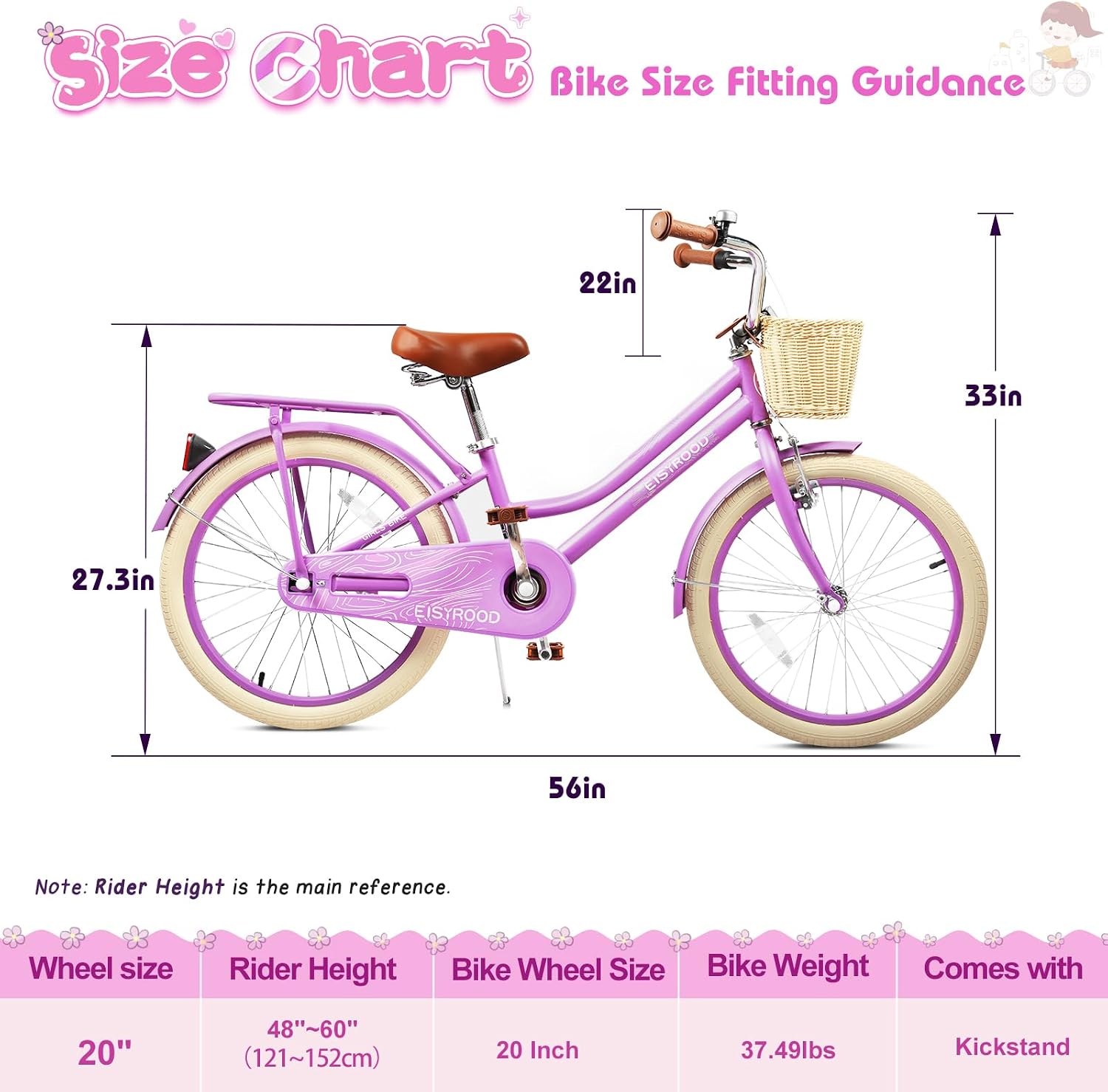 20 Inch Girls Bike, Single Speed Kids' Bicycles with Basket and Kickstand, Kids Beach Cruiser Bike for Girls, Adjustable Seat, Multiple Colors