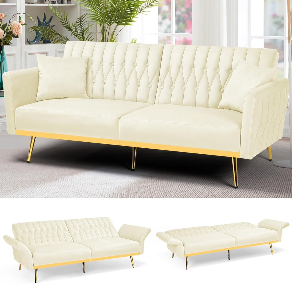 70' Velvet Futon Sofa Bed with 2 Pillows and Adjustable Armrests, Convertible Sleeper Bed W/Adjustable Backrests, Modern Loveseat for Living Room, Bedroom, Beige