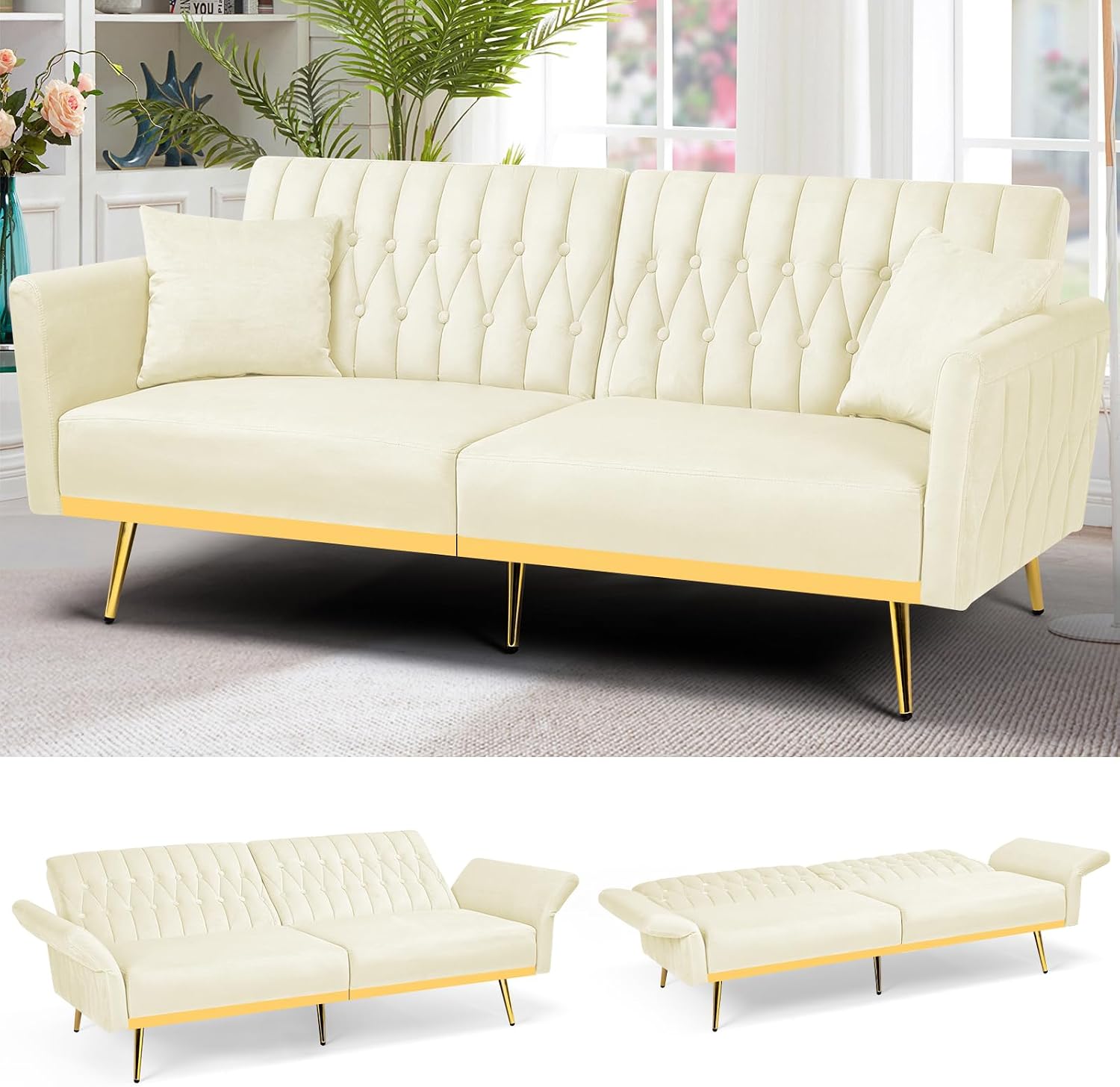 70' Velvet Futon Sofa Bed with 2 Pillows and Adjustable Armrests, Convertible Sleeper Bed W/Adjustable Backrests, Modern Loveseat for Living Room, Bedroom, Beige