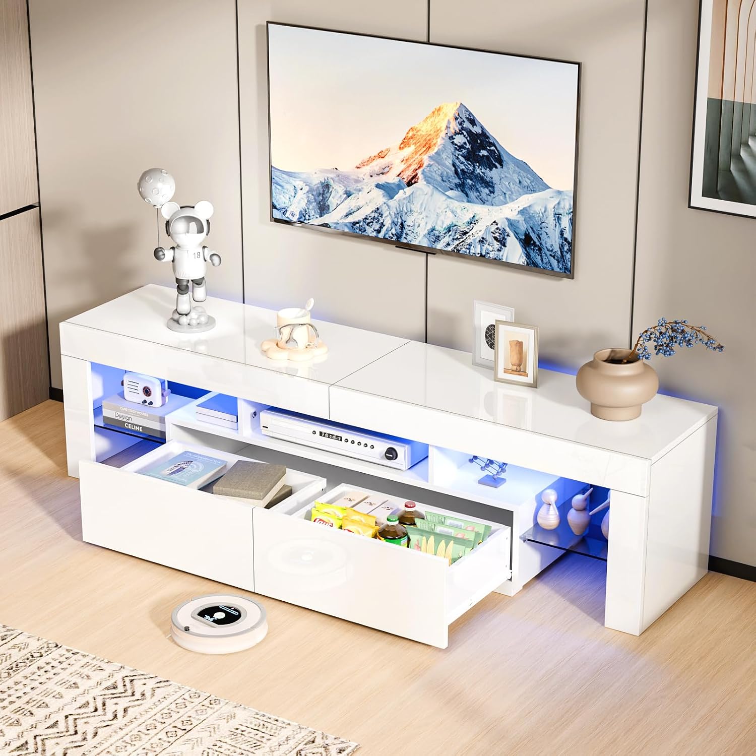 VINGLI LED TV Stand, 63'' High Glossy Modern Entertainment Center with Remote Control 20-Color LED Lights and 2 Large Storage Draws for 55/60/65/70 Inch TV (White, 63''L x 14''W x 18''H)