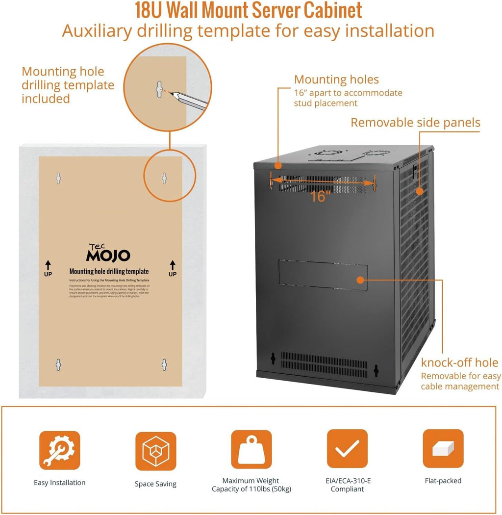 Tecmojo 18U Wall Mount Rack Network Cabinet for 19' IT Equipment,with Lockable Mesh Door and Side Panels,Cooling Fan,Black,17.7inch Depth for AV/Computer/Electronics Equipment Data Rack