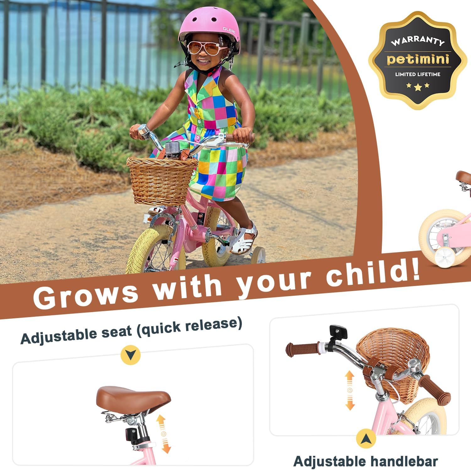 Petimini Vintage Kids Bike for Girls, 12–20 Inch Classic Bicycle with Wicker Basket & Bell, High Tensile Steel Frame, Training Wheels (12–18'), 85% Pre-Assembled, Retro Bike for Outdoor Riding