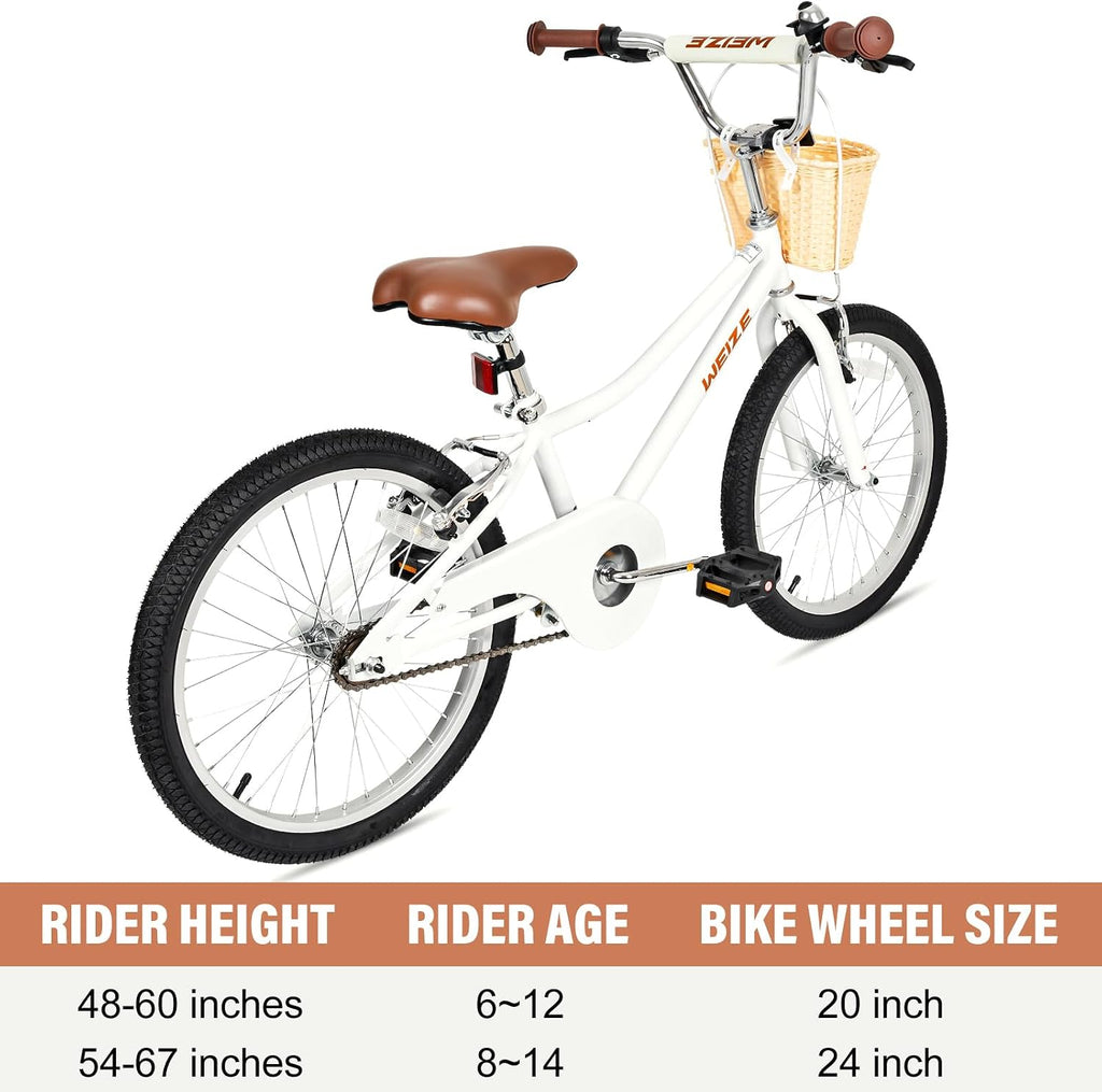 WEIZE Girls Bike for 6-14 Years Old, 20 24 Inch Kids Bike with Basket and Kickstand, Retro Style Childrens Bicycle for Teen Girls, Lightweight Steel Frame, Multiple Colors