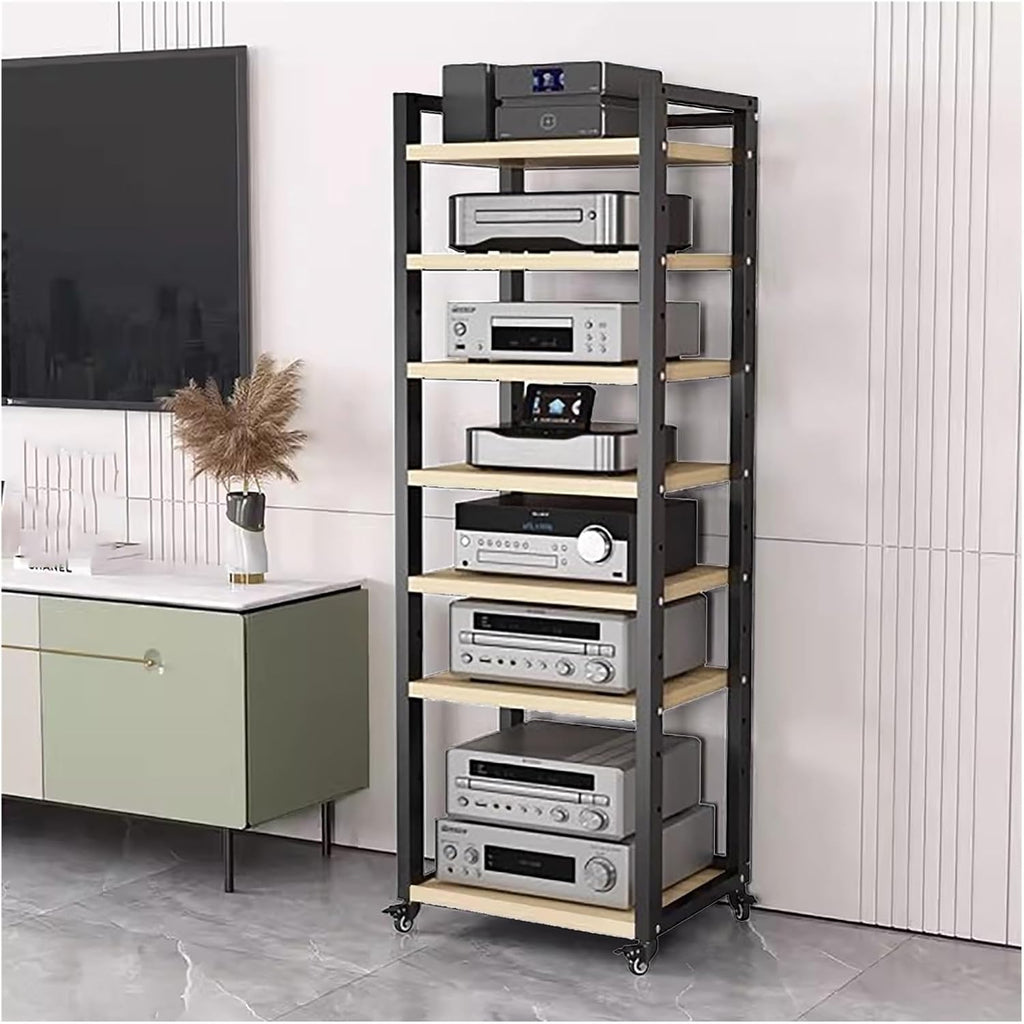 Movable Stereo Components Cabinet Rack with Adjustable Shelf - Av Media Shelf for Dvd Players/ Cd Changer/ TV Accessories/ Game Console - Audio Equipment Rolling Carts on Wheels(Beige,7 tier-60cm wide