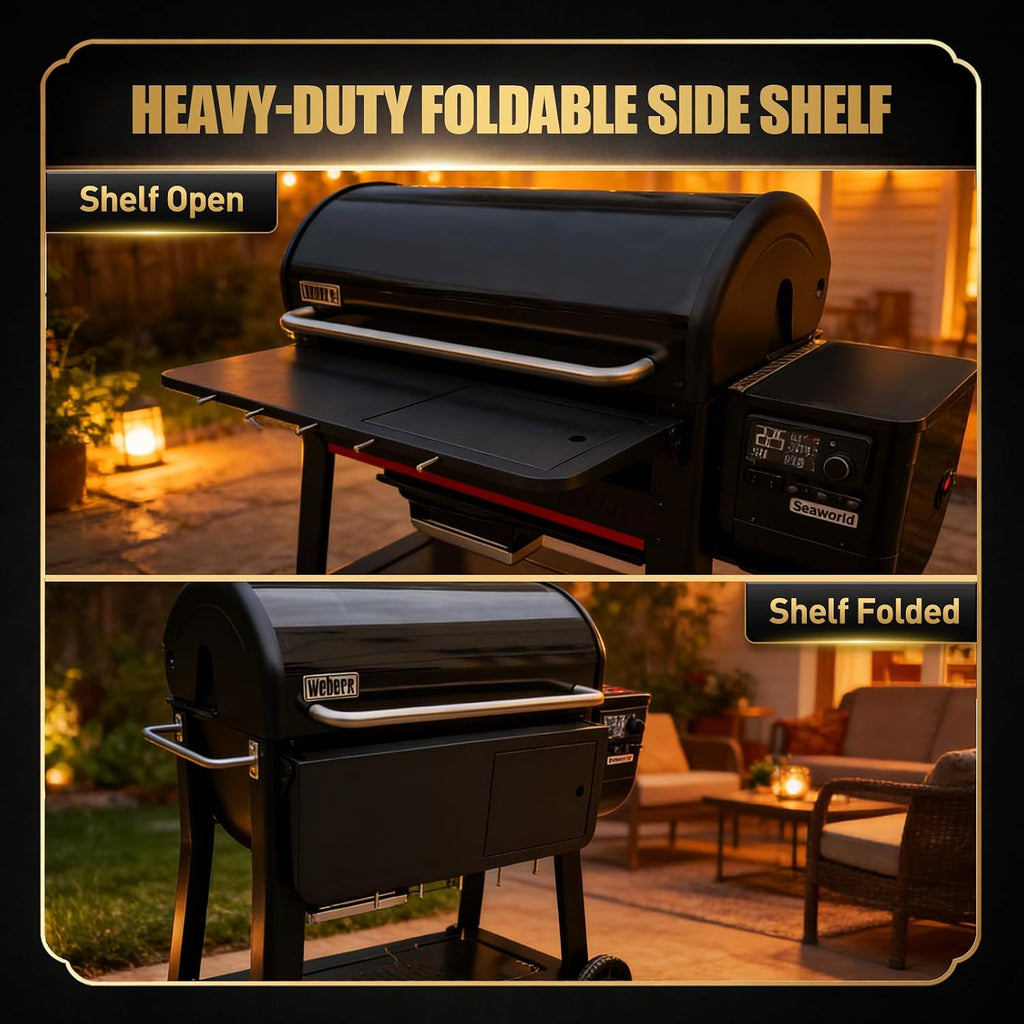 QuliMetal Folding Front Shelf for Weber Searwood XL 600, 35' x 12.5' Grill Prep Table with Stainless Steel Basin, Cutting Board, Lid and 5 Hooks, Heavy-Duty Front Grill Table Accessory