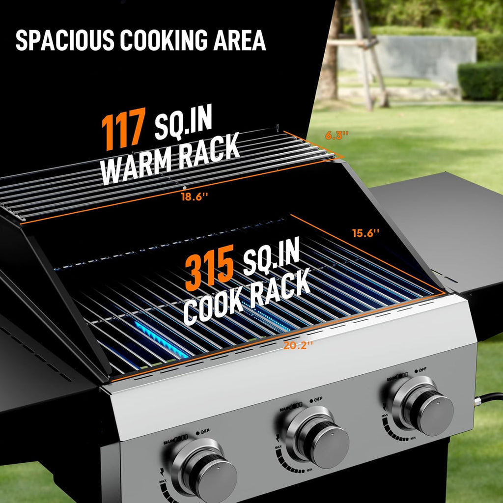 Bonnlo 3 Burners Portable Gas Grill with Enameled Cast Iron Grates, Powerful 36,000 BTU Propane Grill with Side Shelf & Bottom Cabinet, Outdoor Grill with Wheels for Patio Backyard Garden BBQ Use
