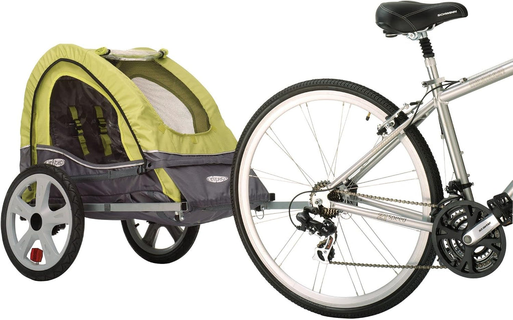 Instep Sync Single Seat Bike Child Trailer, Max Weight 40 lbs., 5-Point Harness, Folding Frame, Quick Release Wheels, Easy Storage, Bug Screen & Weather Shield, Green/Grey
