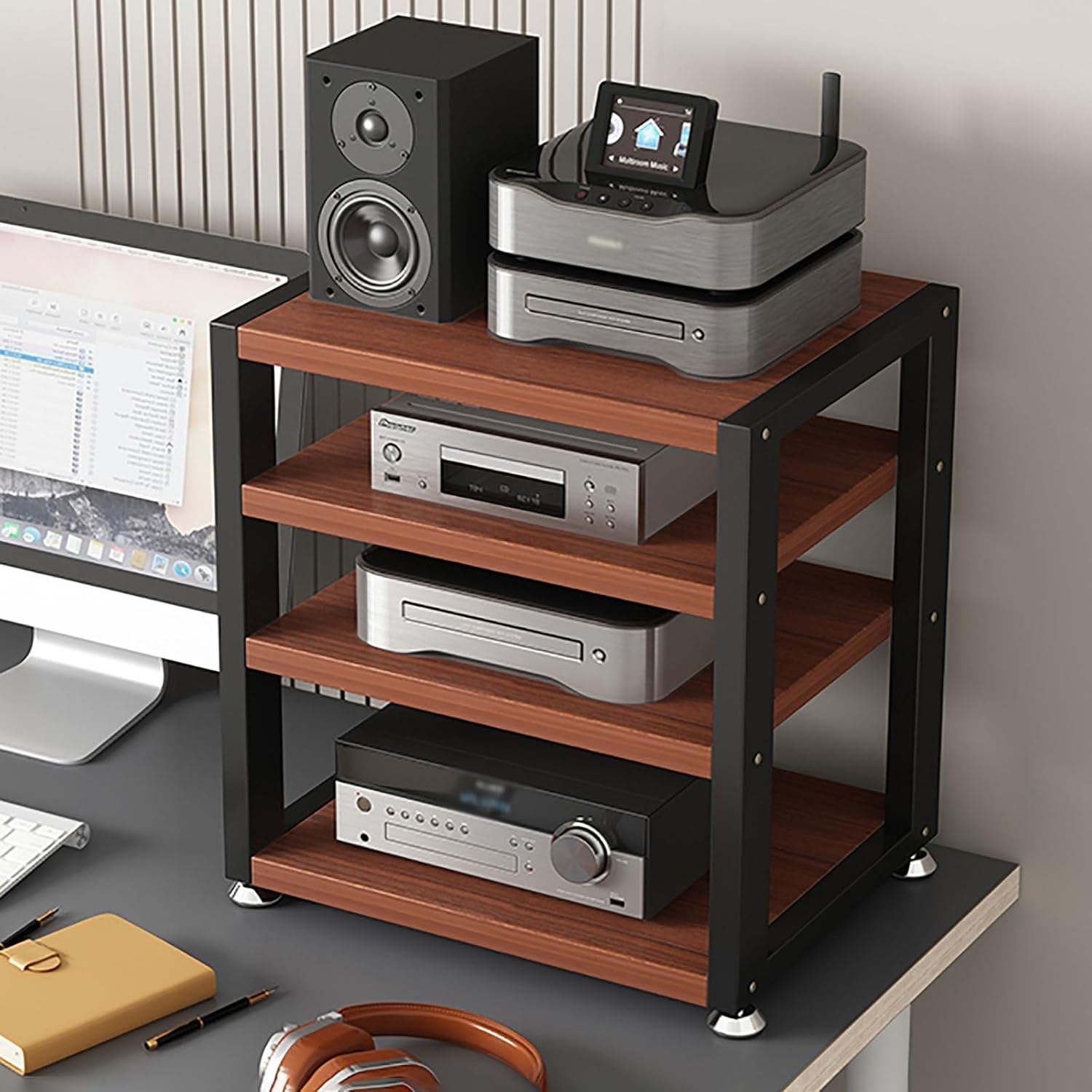 Small Media Stereo Stand Equipment Shelf - Free Standing Home & Commercial Audio Component Rack - Entertainment Stand with 25mm Thickened Plate for Soundbar, Woofer, 4-Tiers