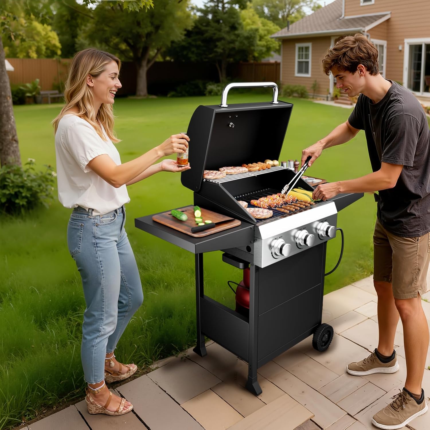 Bonnlo 3 Burners Portable Gas Grill with Enameled Cast Iron Grates, Powerful 36,000 BTU Propane Grill with Side Shelf & Bottom Cabinet, Outdoor Grill with Wheels for Patio Backyard Garden BBQ Use